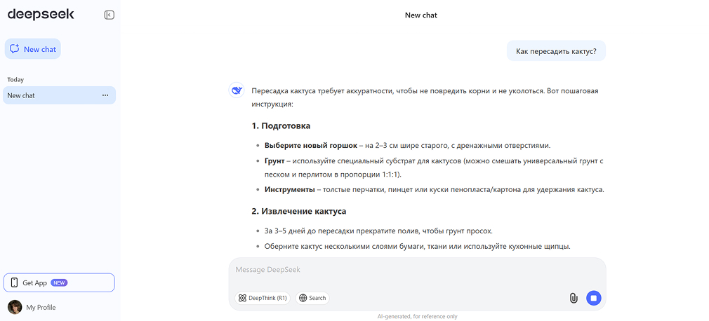 Пример запроса в DeepSeek