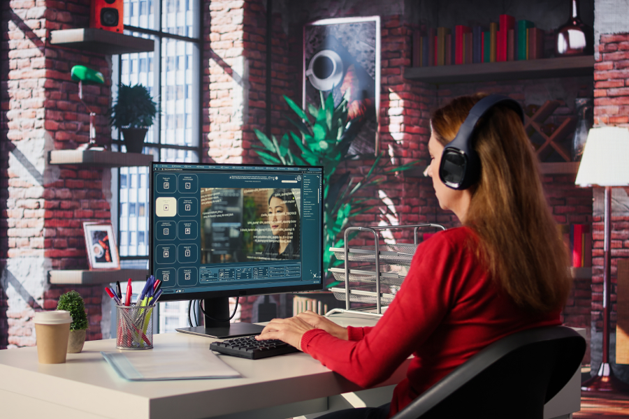 Женщина обрабатывает видео через нейросеть