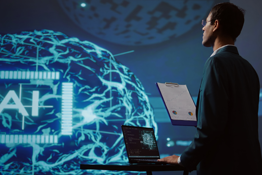 Мужчина показывает основу нейросети